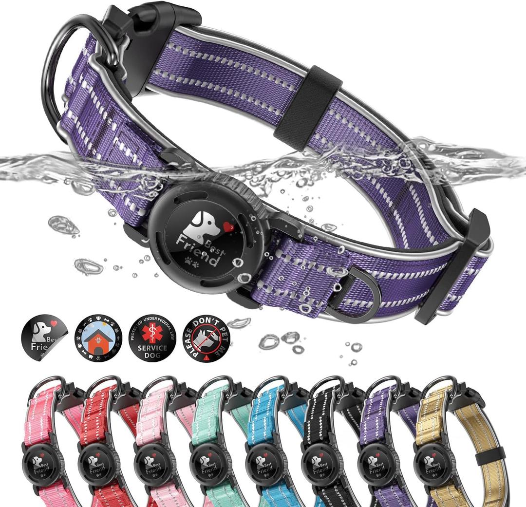 Upgrade Airtag Dog Collar,with IPX8 Waterproof AirTag Holder | Reflective Ultra-Durable | Soft Padded | Lock Buckle | Heavy Duty | Fit Small Medium Large DogsPurpleXL(19"27")