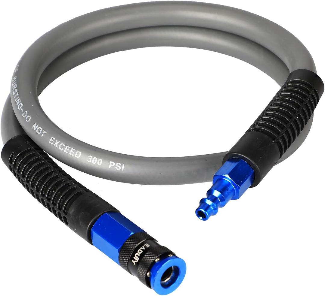 Hybrid Lead-in Air Hose 3/8 In. x 3 ft, Lightweight, Flexible, Durable Air Compressor Hose with Aluminum Universal Quick Coupler and Industrial Plug, Gray