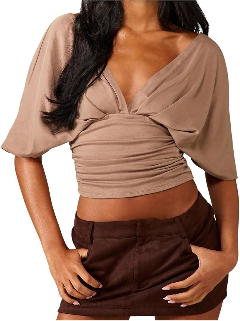 SOLY HUX Women's Deep V Neck Crop Top Short Sleeve Fitted Casual Blouse Going Out Shirts (Pure Khaki)