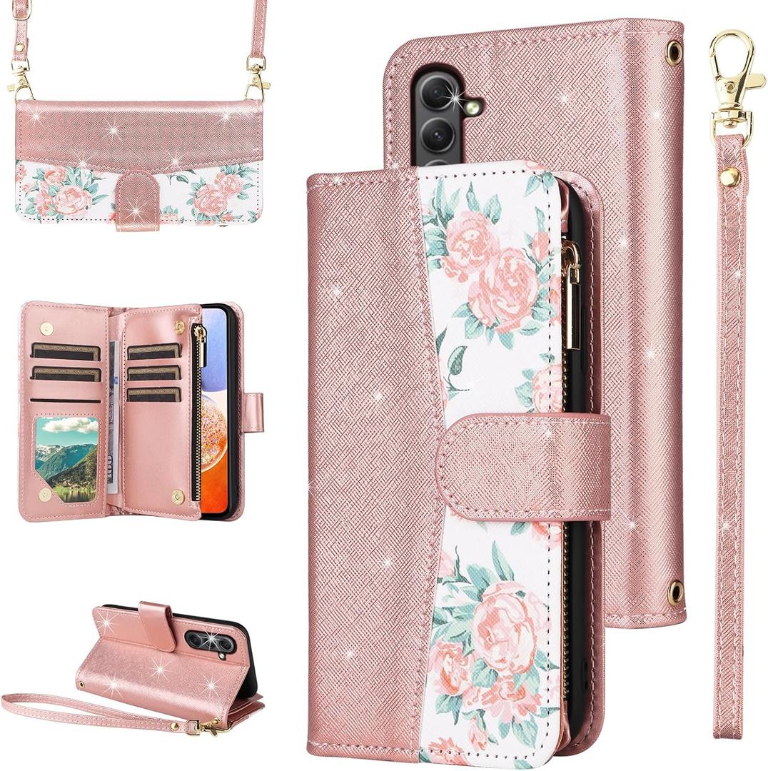 for Samsung Galaxy S24 Plus/S25 Plus S24+ S25+ 5G Floral Wallet Case Flip Zipper Purse Wrist Strap Shoulder Strap, Card Holder Phone Cover for S24Plus 24S + S 24 24+ S25Plus 25S 25+ Rose Gold