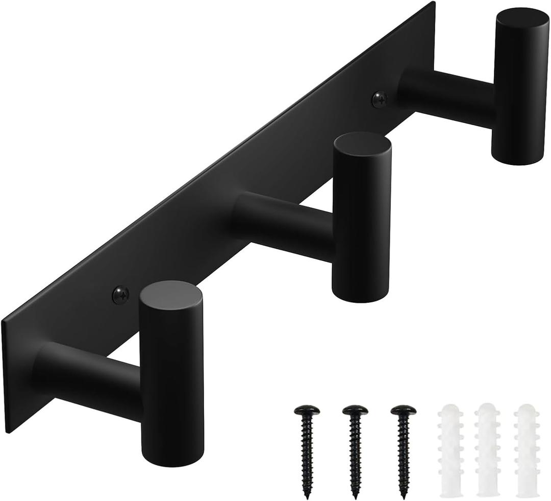 VAEHOLD Black Hat and Coat Wall Mount Rack - 3 Hooks for Robes, Bags, Keys, and Towels - Bathroom Towel Hanger Organizer (1 Pack)