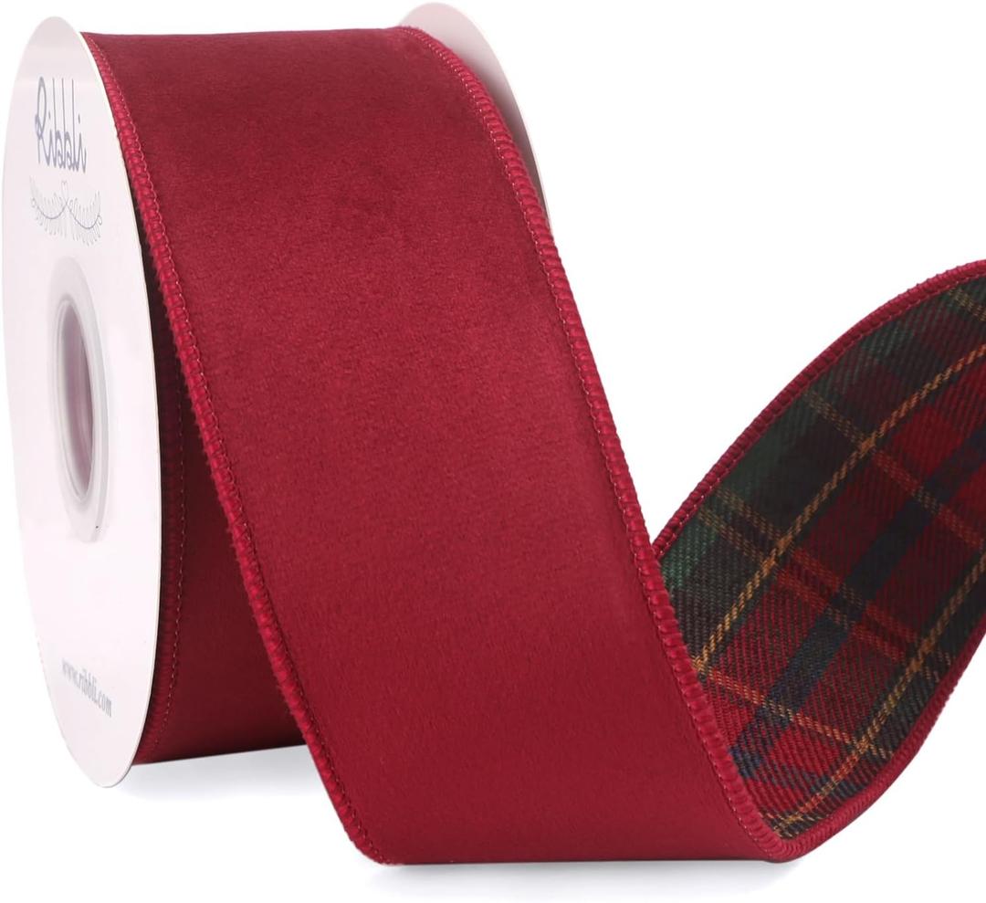 Ribbli Dark Red Velvet Wired Ribbon with Red GreenTartan Plaid Reversible 2.5 Inch Christmas Ribbon for Gift Wrapping Christmas Tree Decoration Crafts Wreaths Supplies-Continuous 10 Yards
