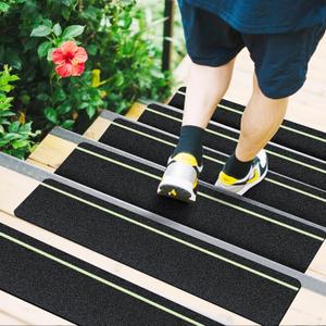 Outdoor Stair Treads Non Slip with Glow in Dark Stripe, 5.9" x 23.6" Anti Slip Tape for Wooden Steps, Non Skid Grip Tape Stripes for Stairs, Steps (15, 5.9" x 23.6" Black with Glow-in-The-Dark)