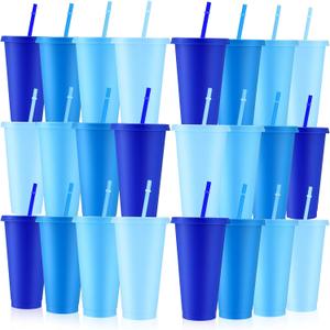 Skylety 24 Pcs Dusty Blue Plastic Cups with Lids and Straws 24 oz Reusable Tumbler Large Travel Mug Cup Coffee Beverage Drinks Wedding Bridal Baby Shower Party Blue Birthday Party Supplies