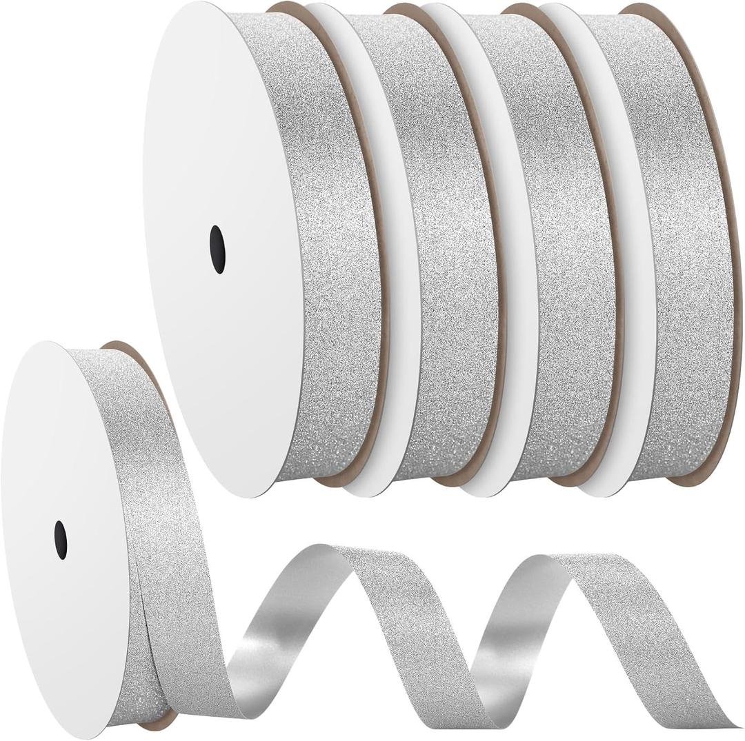 4 Rolls 50 Yards Homecoming Mum Glitter Diamond Dust Ribbon 0.71 Inches Glitter Plastic Gift Craft Wrapping Ribbon for DIY Homecoming Chrysanthemum Party Decor(Silver)