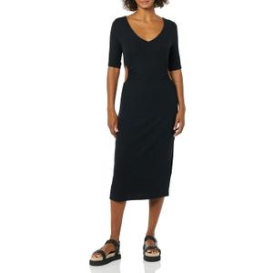 Amazon Essentials Women's Fine Rib V Neck Side Cut-Out Midi Dress (Previously Daily Ritual) (Large, Black)