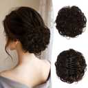 RUWISS Large Messy Bun Hair Piece with Claw Clip Human Hair Bun Wavy Curly Chignon Hair Bun Extensions Updo Hair Pieces for Women Claw Clip Ponytail for Women, Dark Brown with 15% Dark Cocoa Blonde (45g)