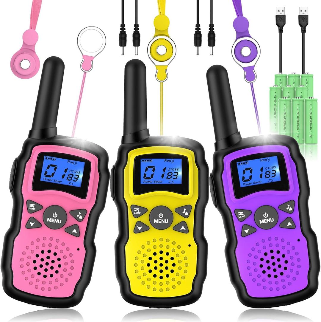 Wishouse Walkie Talkies for Kids Adult Long Range Rechargeable 3 Pack,Girl Wearable Walky Talky Set 2 Way Radio with USB Charger Battery,Camping Games Toy Birthday Xmas Gift for Boy Children Family (Pink Purple Yellow)