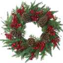 22 Artificial Christmas Wreath Norfolk Pine Wreath for Front Door with Pine Needles Red Berries Big Pinecones Christmas Decorations for Winter Farmhouse Wall Indoor Outdoor Home Holiday Xmas Decor (Green and Red)