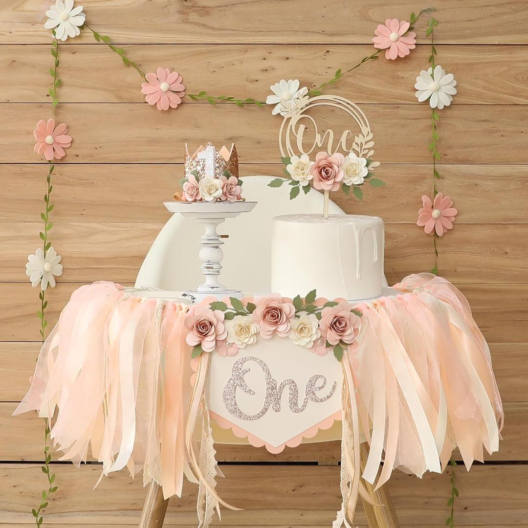 Wildflower 1st High Chair Banner Birthday Party Decorations for Girl Light Pink One Flower Cake Topper 1st Birthday Decorations Supplies