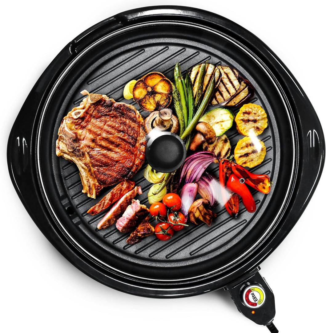 Elite Gourmet EMG-980BX Large Indoor Electric Round Nonstick Grill Cool Touch Fast Heat Up Ideal Low-Fat Meals Dishwasher Safe Includes Glass Lid, 14", Black
