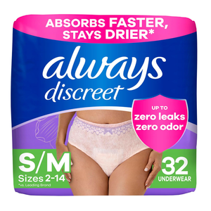 Always Discreet Adult Incontinence Underwear for Women and Postpartum Underwear, Small/Medium, Up to 100% Bladder Leak Protection, 32 Count