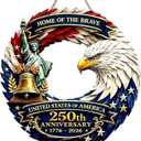16" Large Patriotic Wreath Door Sign for Front Door, 250th Anniversary 17762026 Wooden Door Hanger Wall Plaque, American Eagle, Liberty Bell & Statue of Liberty Decor, Independence Day 4th of July Wall Hanging (Design 05)
