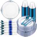 Hioasis 175pcs Clear and Blue Plates - Blue Party Plates for 25 Guest, Include 50 Heavy-duty Plates(20% Thicker Than Standard), 25 Pre Rolled Gold Plastic Silverware Set, 25 Cups