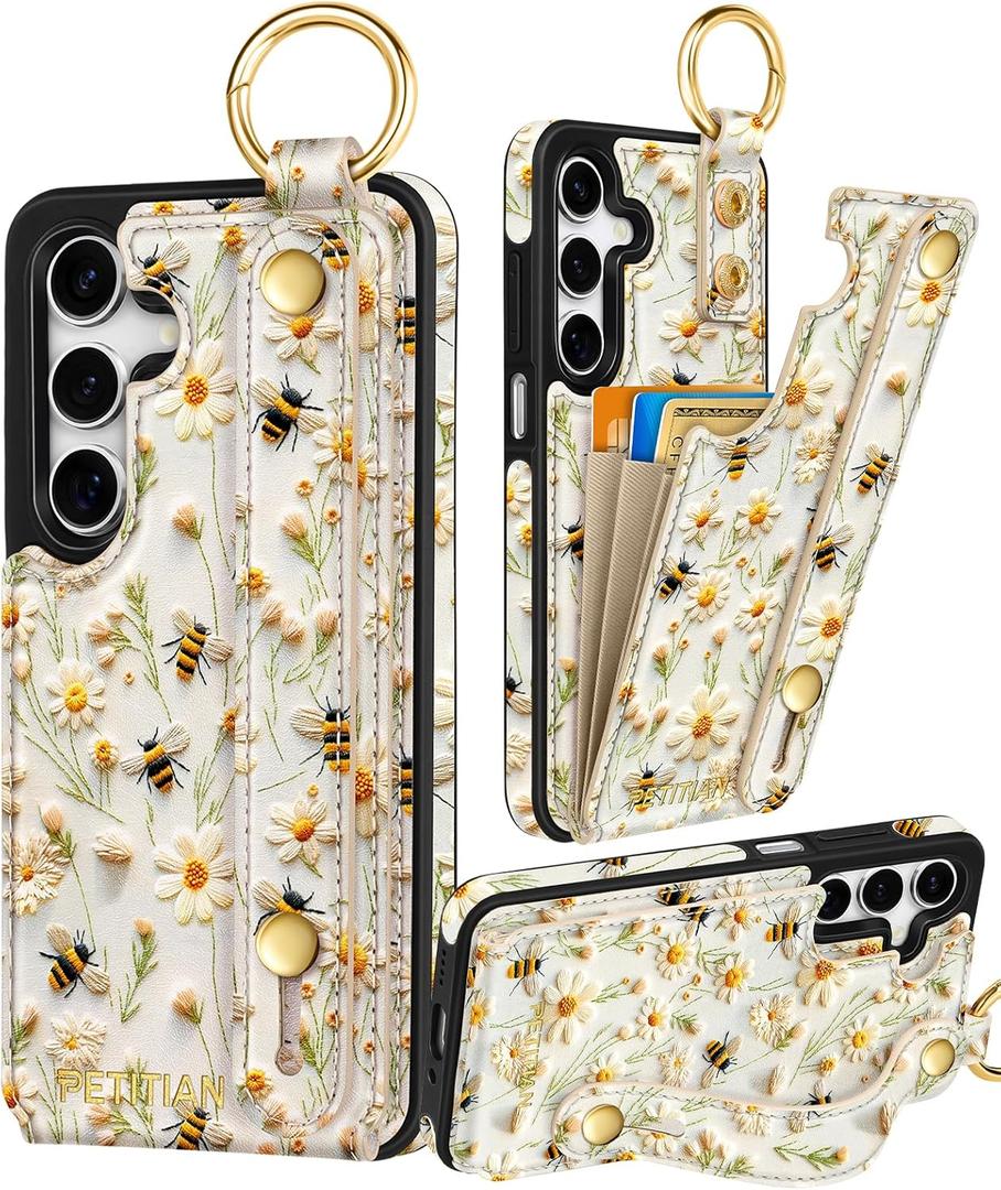 Petitian for Samsung Galaxy A16 5G Case with Wallet - Women Girls Cute Girly Aesthetic Unique Design Leather Credit Card Holder Cardholder Stand Wristband for Galaxy A16 5G, Flower