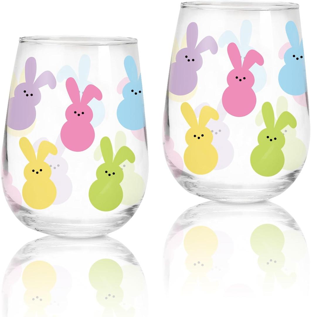 FYSUIMU 2Pcs Easter Stemless Wine Glasses 17oz Easter Bunny Drinking Glasses Colorful Rabbit Tumbler Cups for Spring Holiday Birthday Party Supplies Gifts