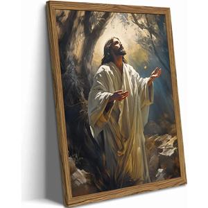 Framed Christian Jesus Canvas Wall Art, Jesus Praying Wall Decor Paintings, God Light Pictures Prints Religious Home Decor for Living Room Bedroom Church Prayer Room 16x24 inch