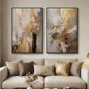Large Framed Neutral Abstract Wall Art, 2 Piece Modern Canvas Prints Paintings, Beige Gold Abstract Pictures for Living Room Hallway Dining Room Bedroom Office Wall Decor 24x36 In