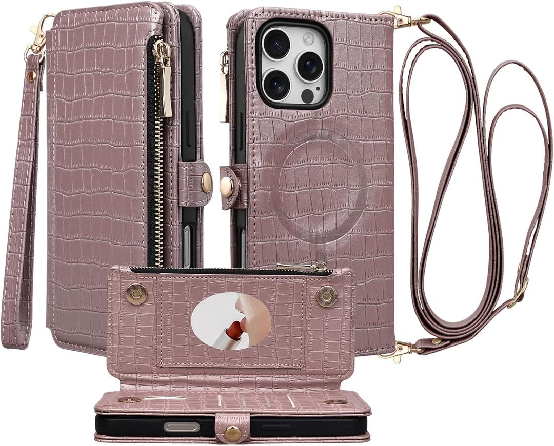 Crossbody Wallet Case for iPhone 16 Pro Max with Mirror, Wrist Strap, Zipper Purse Magnetic Flip RFID Blocking Card Holder, Wireless Charging, PU Leather Shockproof 6.9" Women (Rose Gold)