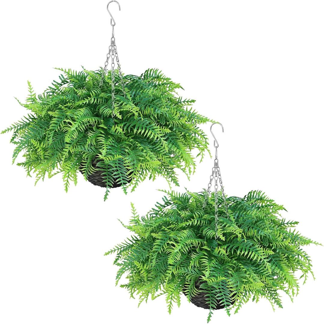 Juxdp Artificial Ferns Plants with Hanging Basket-2 Set for Outdoor Decoration,Fake Boston Fern Hanging Planters Faux Greenery UV Resistant for Front Porch Patio Garden Farmhouse Home Decor (Green)