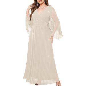 ZOMVA Plus Size Formal Dresses Sparkly V-Neck A Line Glitter Wrap Dress Evening Gown Cocktail Prom Butterfly Sleeve, Champagne, 0X