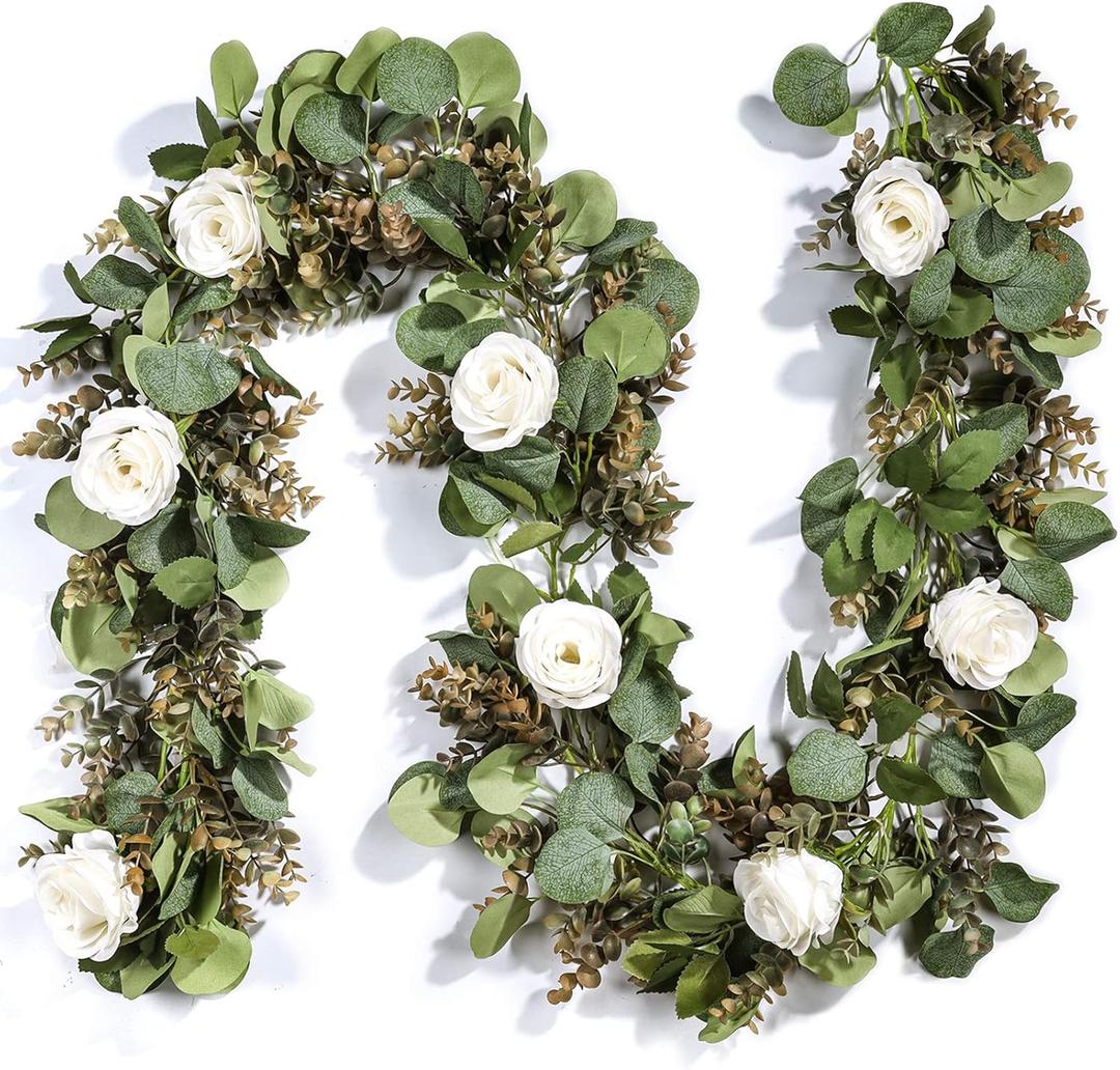 Miracliy Eucalyptus Garland with Flowers, 6.5ft Aritficial White Rose Vine Silk Encanto Flower Garland, Lush Natural Looking Greenery for Wedding Table Mantle Wall Backdrop Room Tea Party Decor
