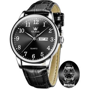 OLEVS Mens Watches with Leather Band Dress Vintage Classic Easy Reader Arabic Numerals Analog Quartz Waterproof Date and Day Blue/Black/White Large Face Men's Wrist Watches (5535P-All Black)