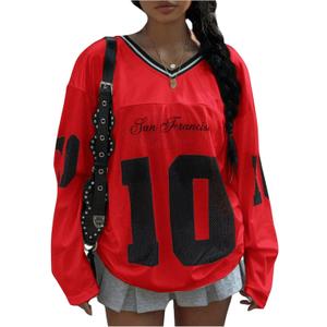 GORGLITTER Women's Oversized Breezy Bowl Jersey Shirt Y2K 90s Long Sleeve V Neck Graphic Streetwear Tops (Red) GORGLITTER Women's Oversized Breezy Bowl Jersey Shirt Y2K 90s Long Sleeve V Neck Graphic Streetwear Tops (Red)