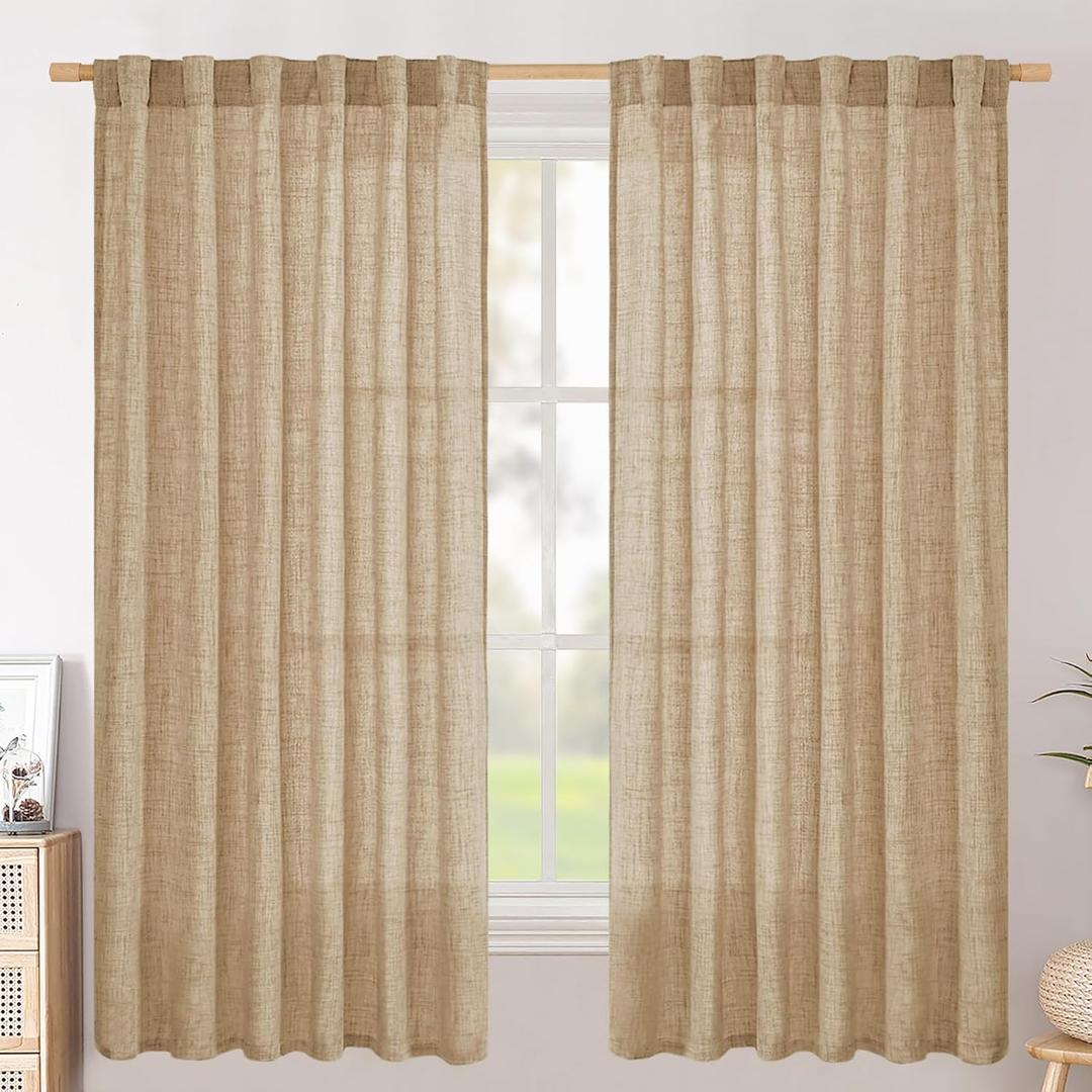 BGment Burlap Linen Curtains 63 Inch Length 2 Panels, Back Tab and Rod Pocket Semi Sheer Textured Window Drapes Light Filtering for Bedroom Farmhouse Living Room Privacy, 52 Inch Wide Each Panel (Caramel)