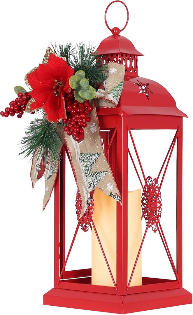 DECORKEY Christmas Decorations, 18 Metal Christmas Lantern with LED Candle and Floral Accents for Home Decor, Decorative Hanging Candle Holder Indoor Outdoor for Table Centerpieces, Porch, Patio