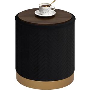 B FSOBEIIALEO Ottoman with Stroage, Round Velvet Storage Ottoman with Gold Plating Base,Foot Rest Stool for Dorm Room, Living Room Black, 14.76"x14.76"x16.35"
