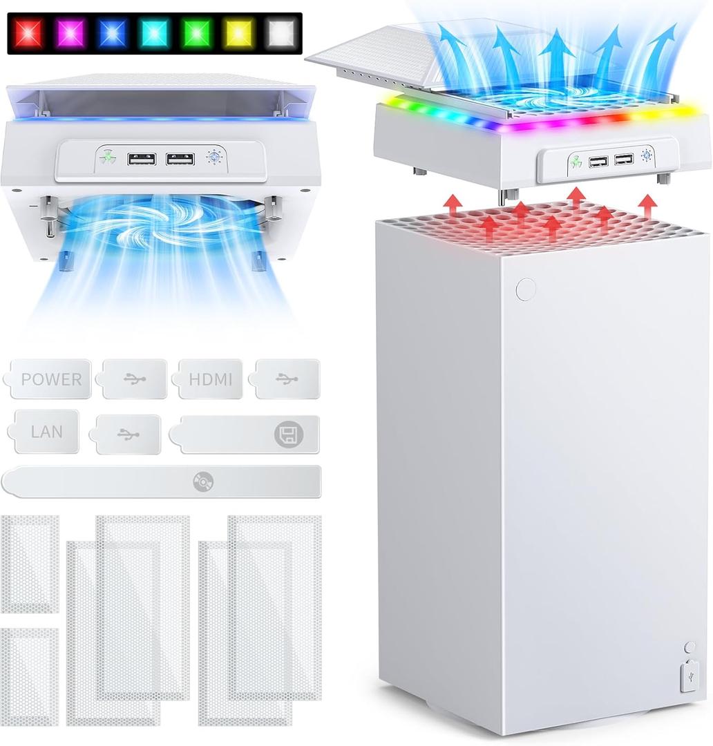 FASTSNAIL Cooling Fan with Dust Cover for Xbox Series X, Cooling System Top Fan with RGB Light, 3.0 &2.0 USB Port, Dust Proof Filter, Low Noise with 3 Gears (White/Movable)