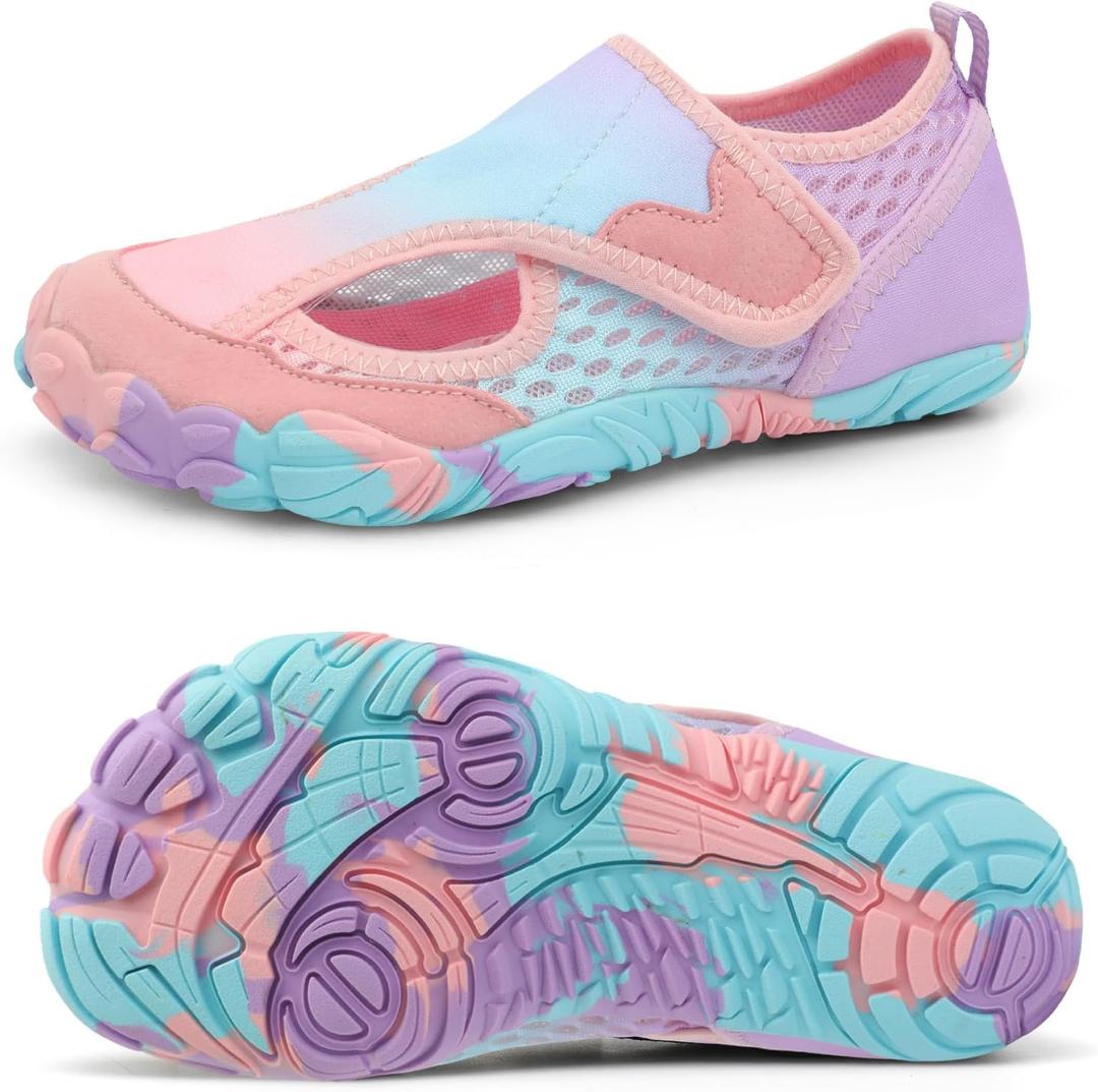 XIHALOOK Water Shoes for Kids Boys Girls Wide Toe Barefoot Quick Dry for Beach Swim Pool Surf Aqua Sports (12.5 Little Kid, Purple Blue Pink)