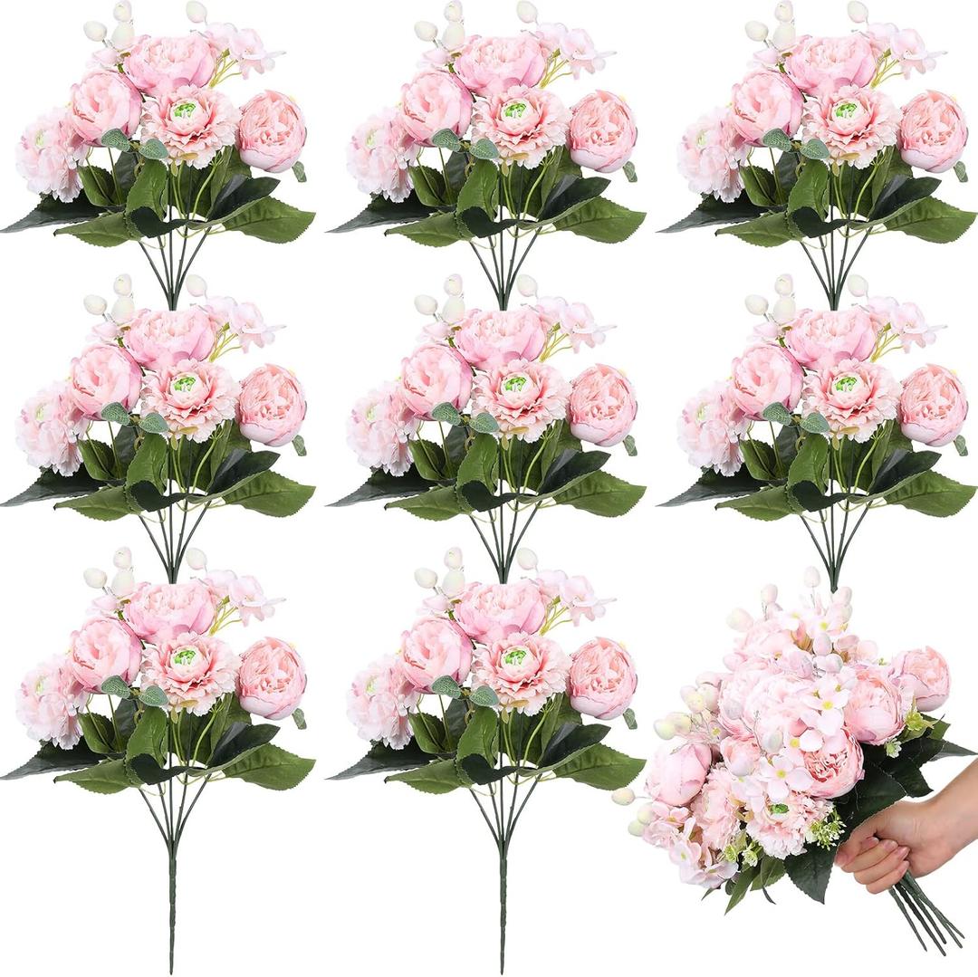 Crowye 8 Bouquets Wedding Silk Peony Hydrangea Flowers with Stems Elegant Faux Vintage Artificial Flowers for Decoration for DIY Table Party Decor Centerpieces Home(Light Pink)