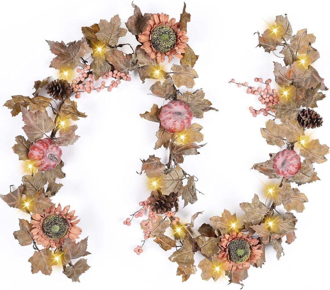 Fall Sunflower Garland - 6 Ft Fall Garland with 30 Warm Lights with Pumpkin Pinecone Berry for Thanksgiving Harvest Halloween Mantel Table Porch Railing Indoor Outdoor Decor