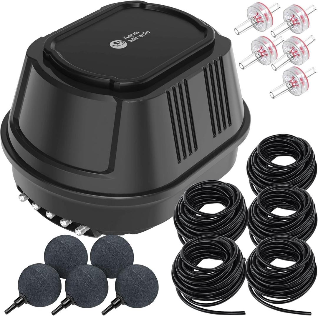 AquaMiracle All-in-One Koi Pond Aerator for Outdoor Ponds, Pond Air Pump with Airline Tubing, Air Stones, Check Valves & Air Filter Pad
