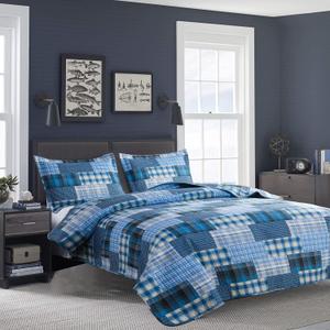 Blue Plaid Twin Size Bedspread & Coverlet - Reversible Quilt Set - Lightweight, Soft Microfiber - All Season
