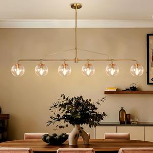 Gold Linear Chandelier 6 Lights Mid Century Modern Dining Room Chandelier Kitchen Island Pendant Light with Seeded Glass Shades for Island, Farmhouse, Dining Area, Dia 51.58 Inch