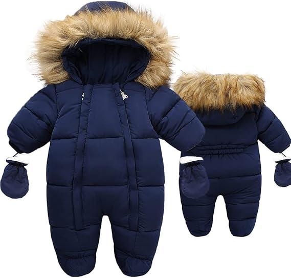 Baby Snowsuit Toddler Winter Unisex Romper Infant Girls Boys Solid Hooded Jumpsuit with Gloves Footie Down Coat Jacket 18-24M