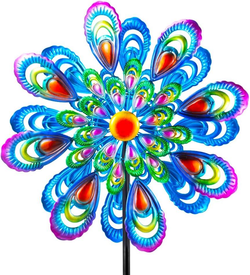 Peacock Wind Spinner, 21" Dia Large Kinetic Wind Sculptures & Spinners Outdoor, 68 Inch Tall Metal Windmill for Garden Yard Decor