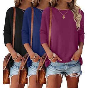 Bliwov 3 Pack 3/4 Sleeve Tops for Women Crewneck Basics Casual Work Tees Spring Summer Trendy T Shirts 2026 Clothes Blouses, Large