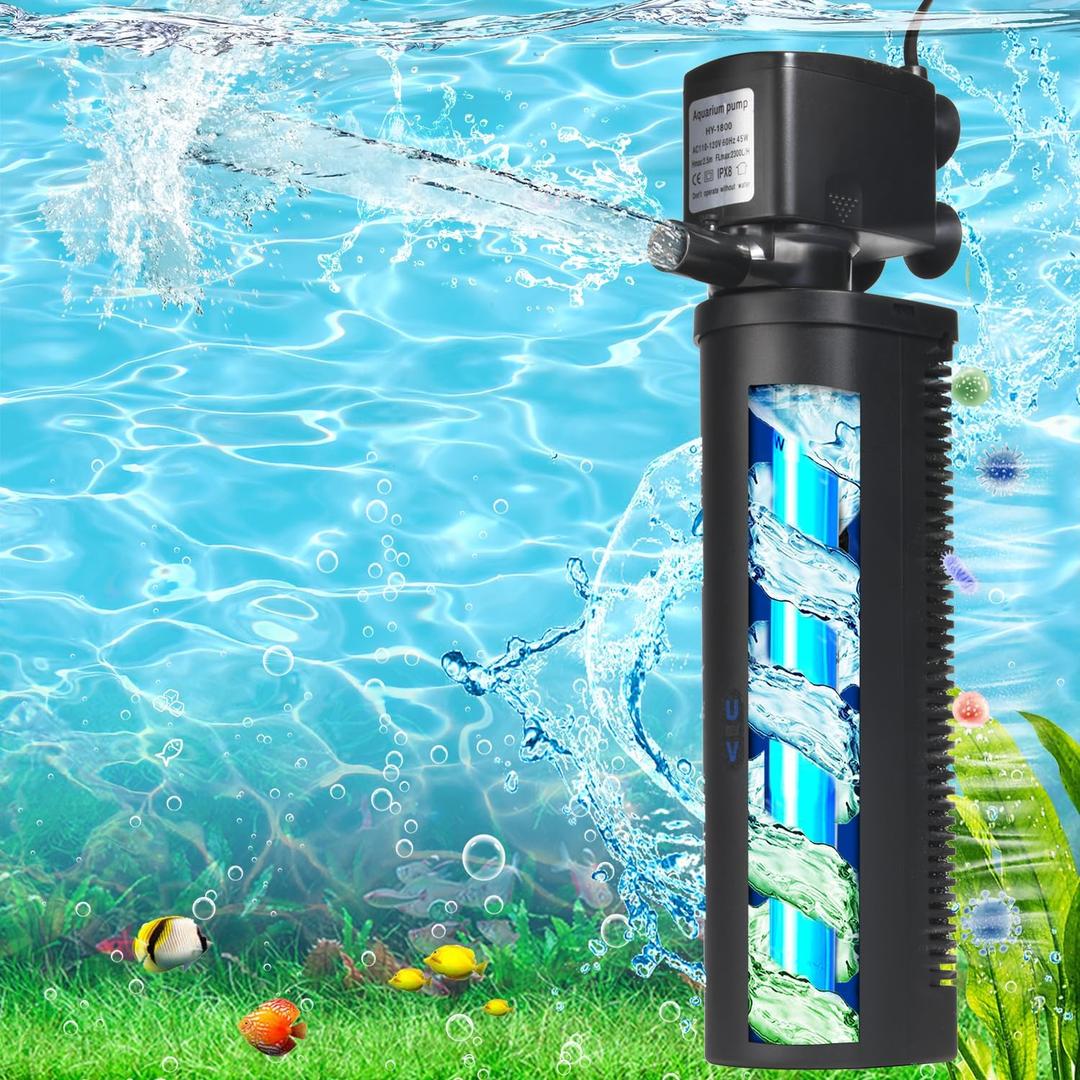 Aquarium U-V Filter 300GPH for Large 80-200 Gal Fish Tank Pond, Powerful Internal Submersible Pump Green Water Clean Killing Machine Air Supply Deodorization Keep Saltwater Freshwater Crystal Clear
