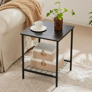 End Table with Shelves 16 Inch Square 2-Tier Coffee Tea Wooden End Table Nightstand for Sofa Couch Bed Industrial Style Beside Table for Living Room Bedroom Black 2PCS
