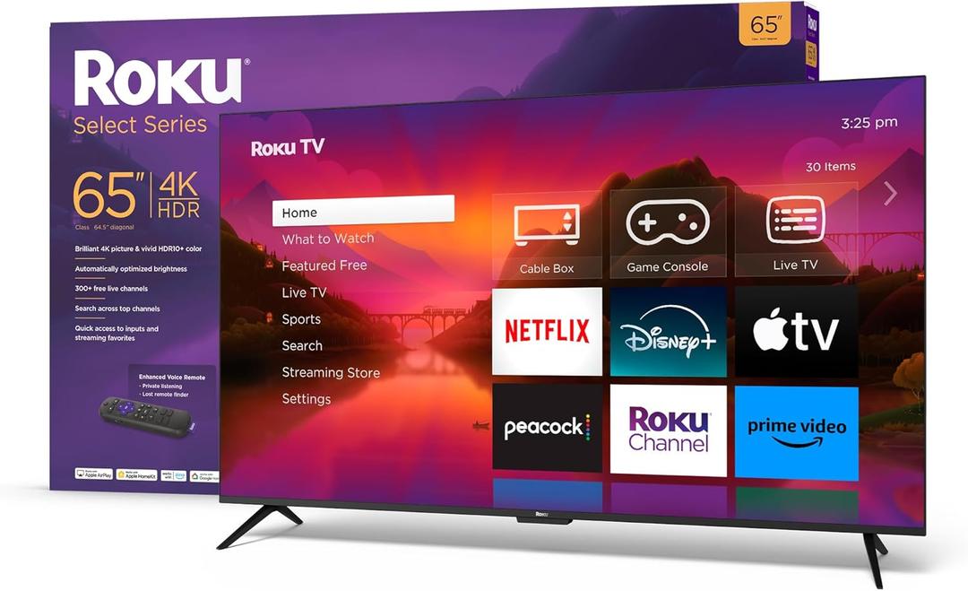 Roku Smart TV  65-Inch Select Series 4K HDR RokuTV with Roku Enhanced Voice Remote, Brilliant 4K Picture, Automatic Brightness, & Seamless Streaming  Live Local News, Sports, Family Entertainment