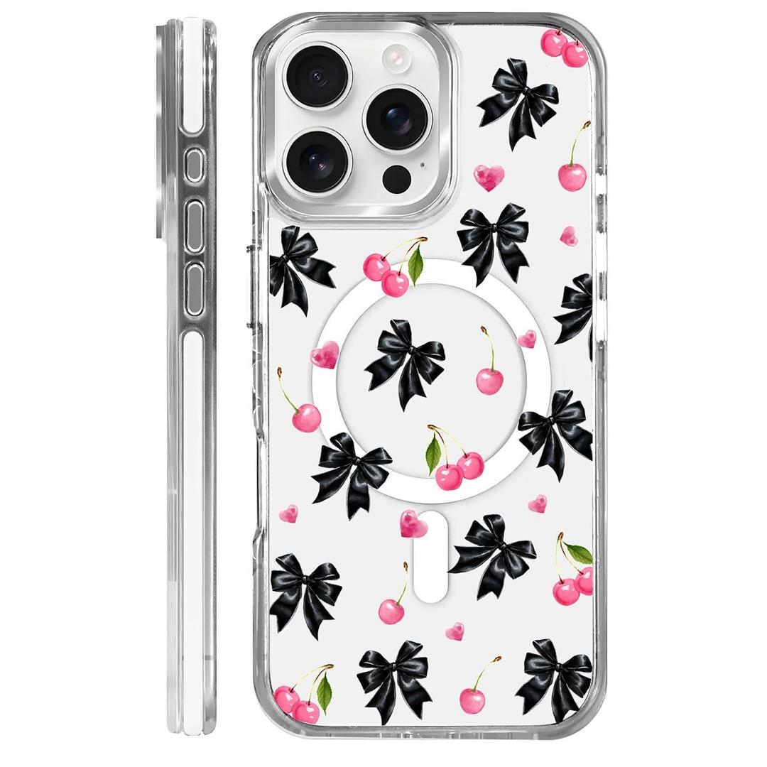 OKBUOK for iPhone 16 Pro Max Case [Compatible with Magsafe],Girls Women Clear Magnetic Case Silicone Shockproof Protective Cover with Pattern Pink Cherry Bow
