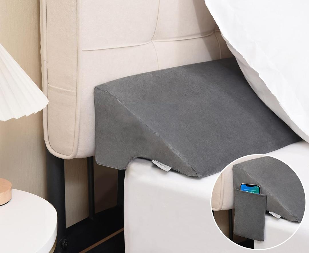 Vekkia Queen Bed Wedge Pillow for Headboard Gap Filler(0-5"),High-Density Foam,Prevents Pillows & Items from Falling,Ergonomic Design,Large Storage Pockets, Removable&Washable Cover,Gray,60''x10''x6''