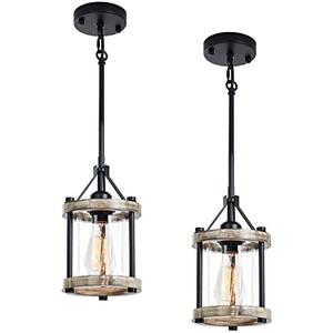 Ejerlya Farmhouse Pendant Light, Rustic White Wood Metal Cage Hanging Light Fixtures with Glass, 43 Inch Adjustable for Flat and Slop Ceiling, Pendant Lighting for Kitchen Island Foyer Hallway, 2 Pack
