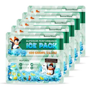 SuccorWare 5 Packs Reusable Ice Packs for Lunch Boxes - 12+ Hour Cooling Ice Gel Pack for Camping, Beach, Office - Ice Packs for Cooler Bag, Cooler Backpacks (600 Grams)