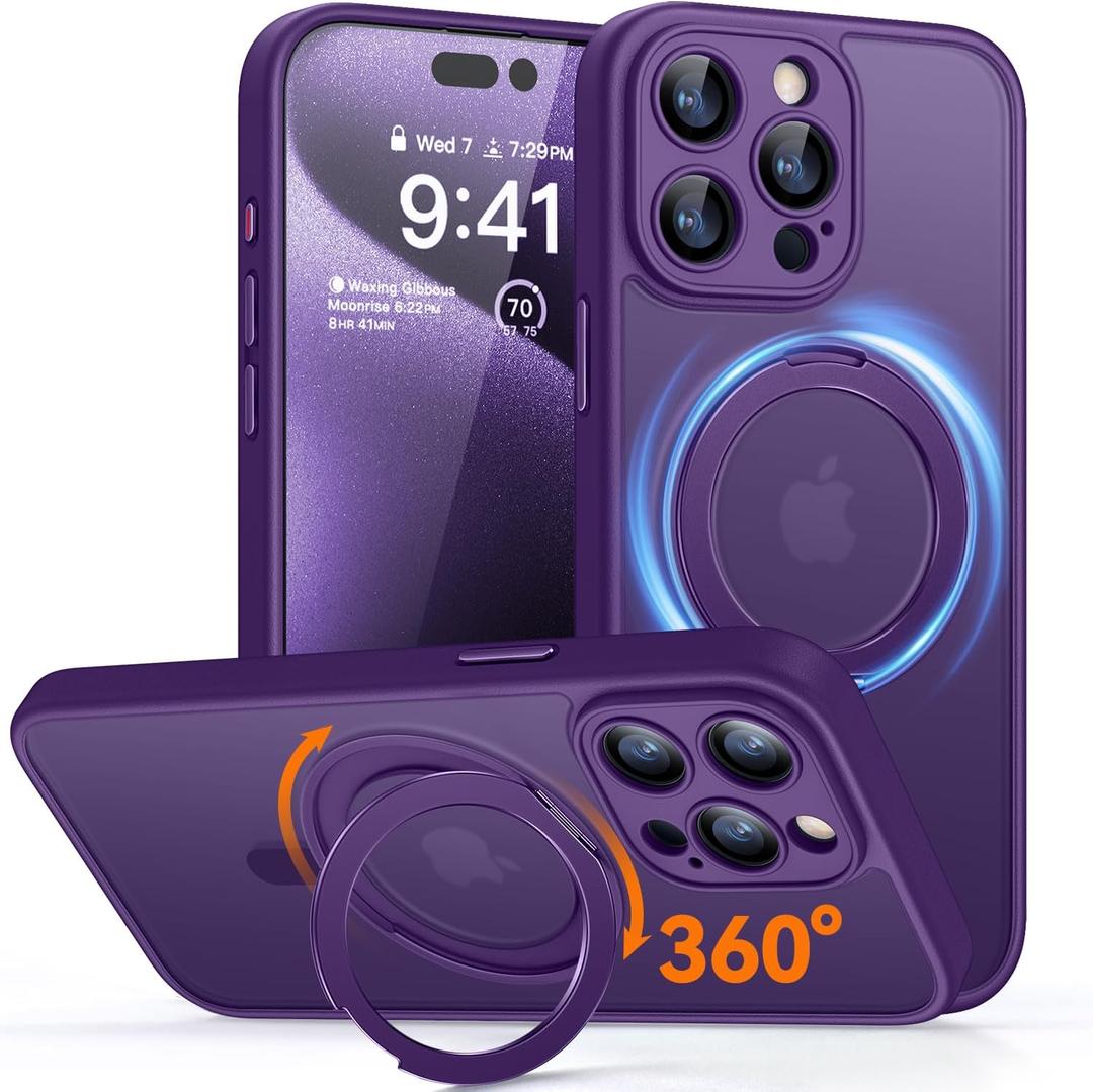 CANSHN 360 Spin Magnetic Stand for iPhone 15 Pro Case [Full Camera Protection] [Compatible with Magsafe] [Translucent Matte] Shockproof Protective Kickstand Phone Cover 6.1" - Deep Purple