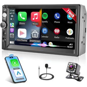 7" Wireless Double Din Car Stereo Apple Carplay Radio Screen for Car Audio Receivers, Bluetooth 5.1 Car Play Android Auto Touchscreen Backup Camera USB/AUX/TF SWC FM